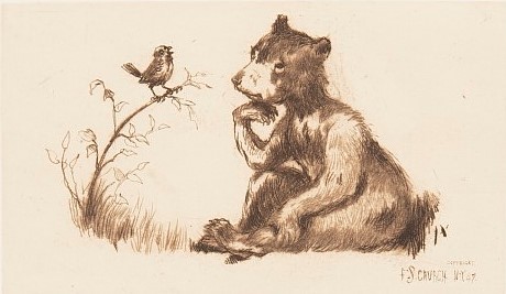 Right, pensive black bear with right elbow on knee and hand under chin. Left, bird singing, perched on twig or blade of grass
