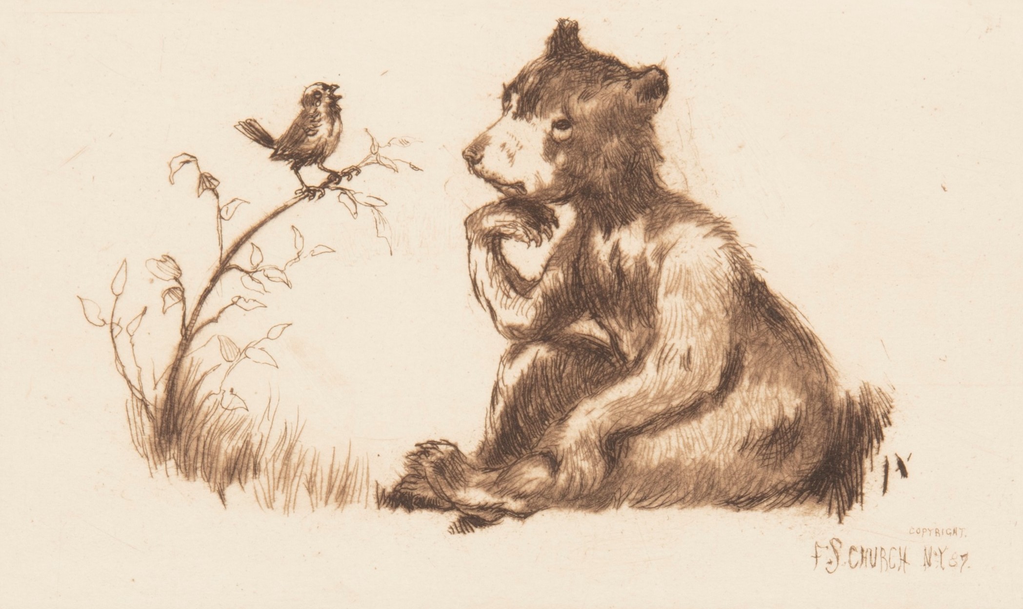 Right, pensive black bear with right elbow on knee and hand under chin. Left, bird singing, perched on twig or blade of grass